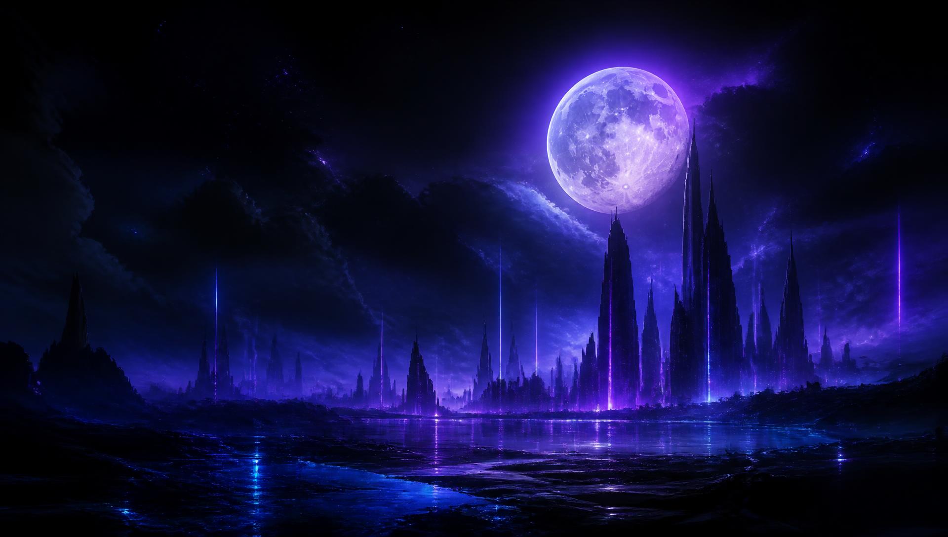 Neon-lit night city under a glowing violet moon